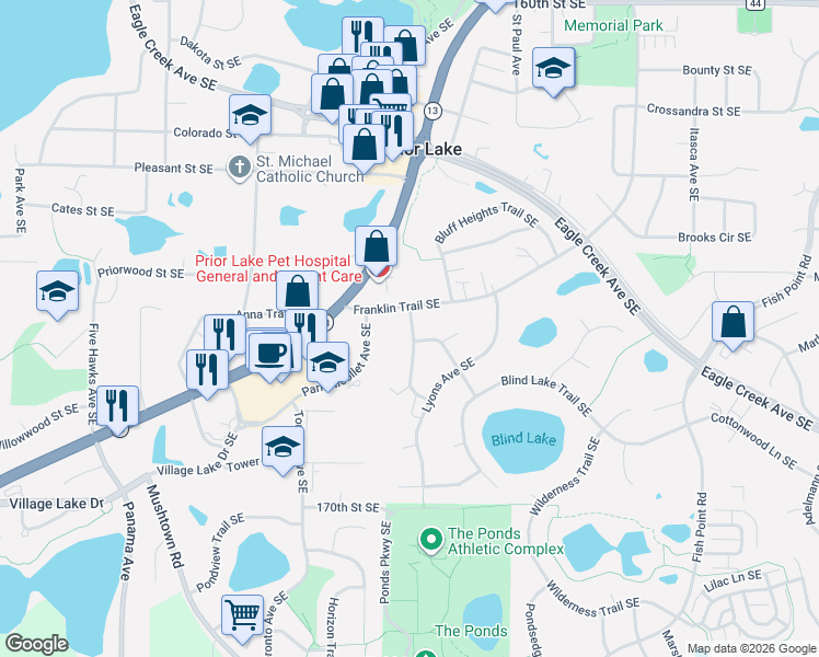 map of restaurants, bars, coffee shops, grocery stores, and more near 16650 Brunswick Avenue Southeast in Prior Lake