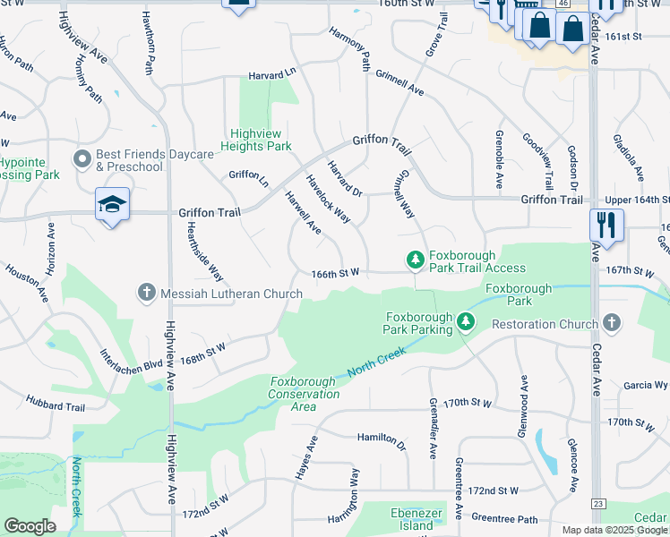 map of restaurants, bars, coffee shops, grocery stores, and more near 16580 Harwell Avenue in Lakeville