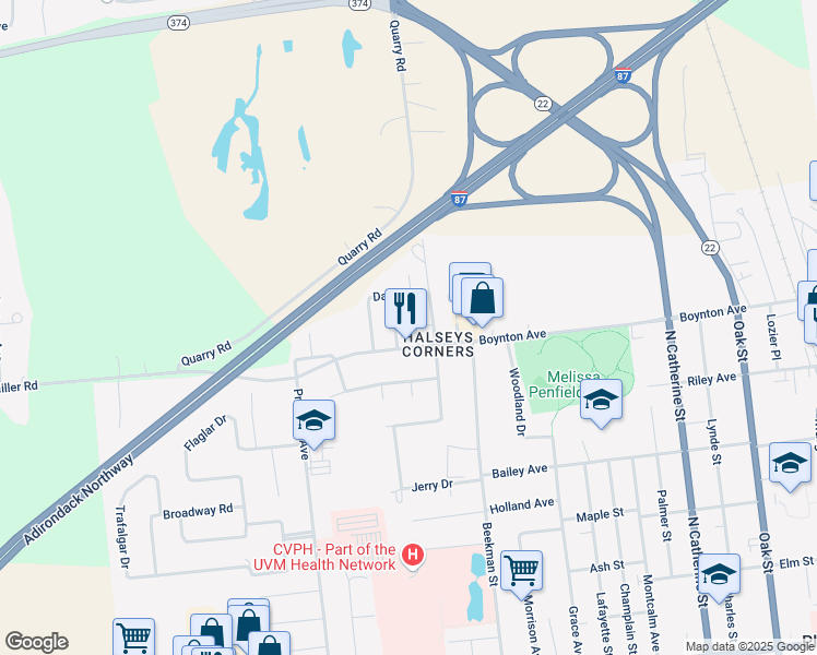map of restaurants, bars, coffee shops, grocery stores, and more near 7 Halsey Court in Plattsburgh