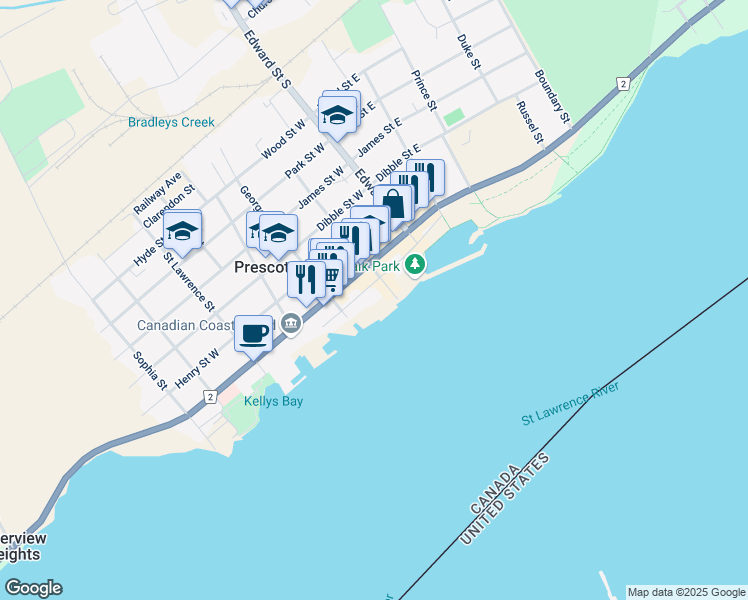 map of restaurants, bars, coffee shops, grocery stores, and more near 235 Water Street West in Prescott