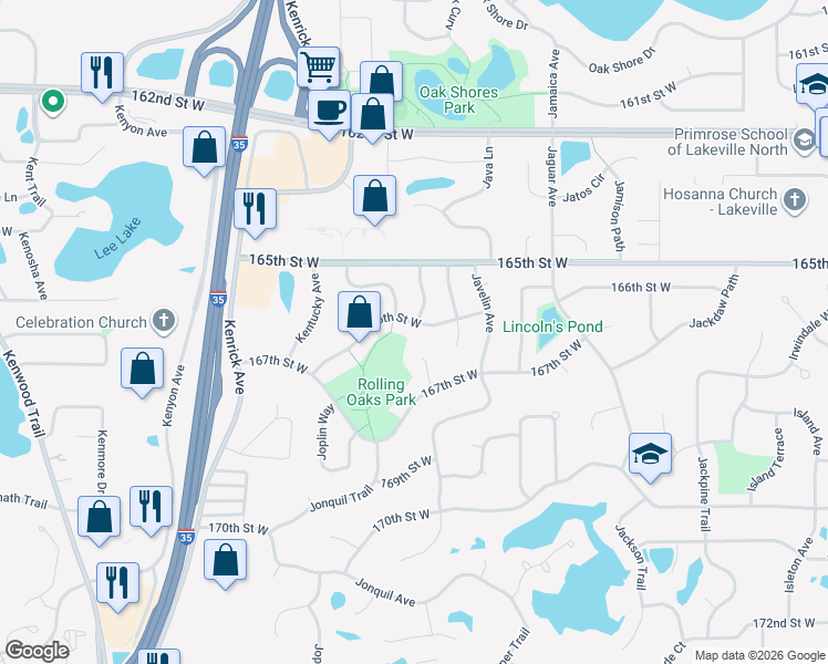 map of restaurants, bars, coffee shops, grocery stores, and more near 10475 166th Street West in Lakeville