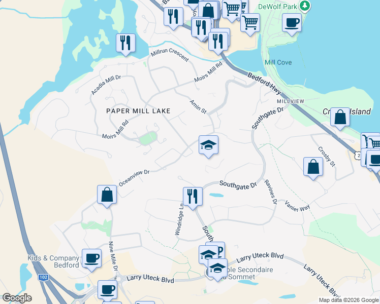 map of restaurants, bars, coffee shops, grocery stores, and more near 86 Royal Masts Way in Bedford