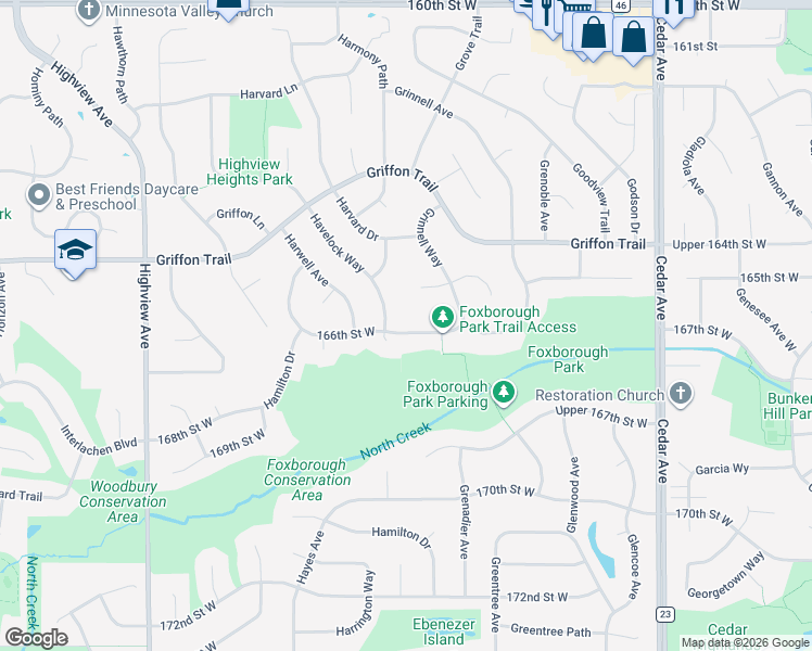 map of restaurants, bars, coffee shops, grocery stores, and more near 7991 166th Street West in Lakeville