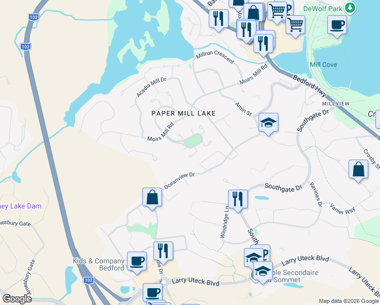 map of restaurants, bars, coffee shops, grocery stores, and more near 3 Binnacle Court in Bedford