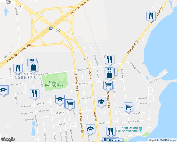 map of restaurants, bars, coffee shops, grocery stores, and more near 195 Oak Street in Plattsburgh