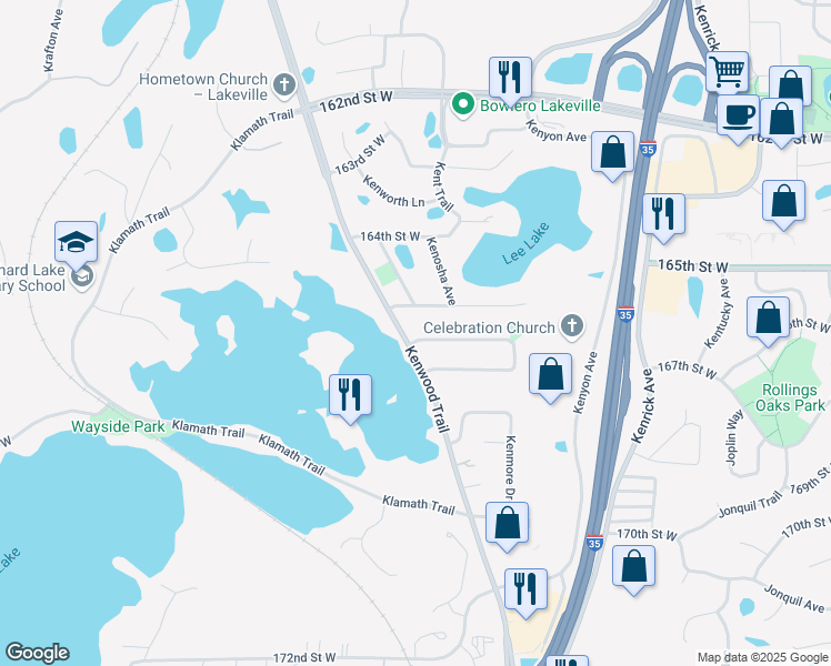 map of restaurants, bars, coffee shops, grocery stores, and more near 11225 Lower 167th Street West in Lakeville
