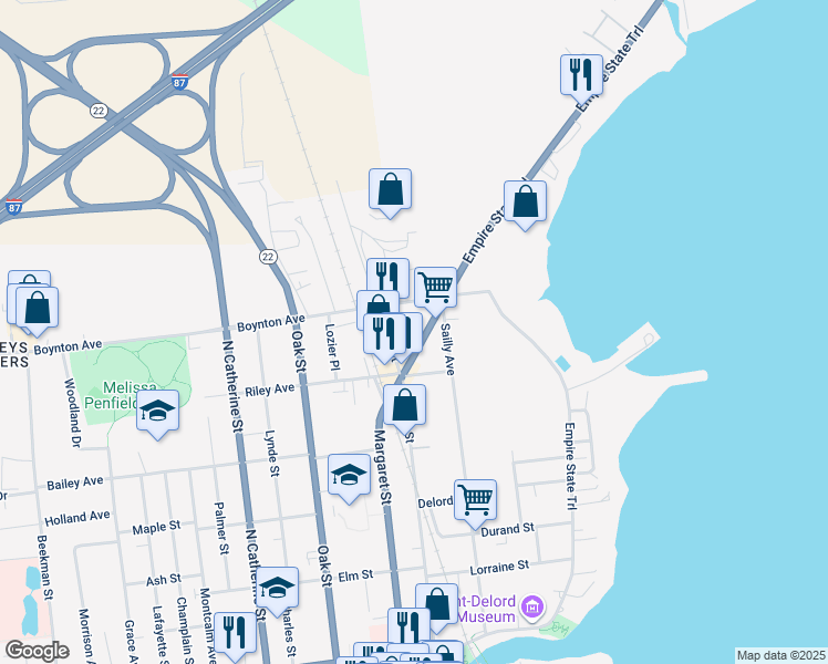 map of restaurants, bars, coffee shops, grocery stores, and more near 309 Margaret Street in Plattsburgh