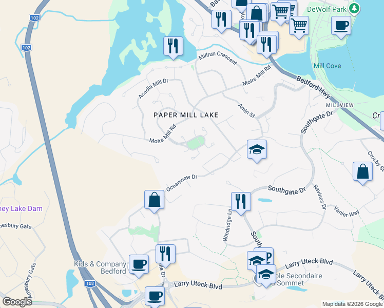 map of restaurants, bars, coffee shops, grocery stores, and more near 3 Binnacle Court in Bedford