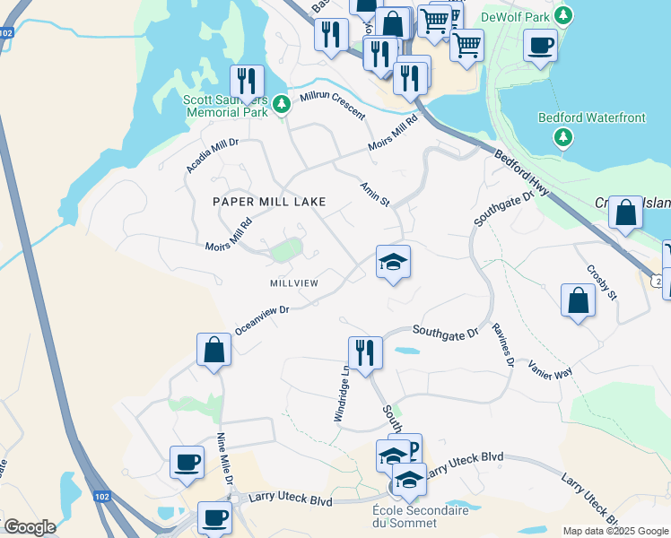map of restaurants, bars, coffee shops, grocery stores, and more near 9 James Winfield Lane in Bedford