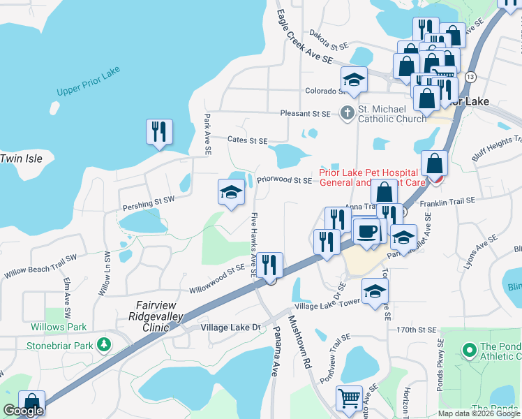 map of restaurants, bars, coffee shops, grocery stores, and more near 16589 Five Hawks Avenue Southeast in Prior Lake