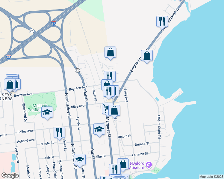 map of restaurants, bars, coffee shops, grocery stores, and more near 41 Boynton Ave in Plattsburgh