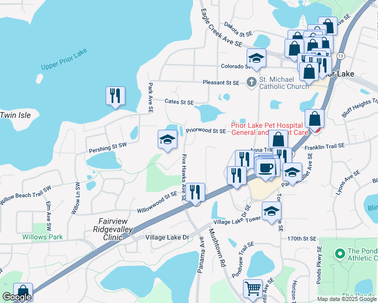 map of restaurants, bars, coffee shops, grocery stores, and more near 16589 Five Hawks Avenue Southeast in Prior Lake