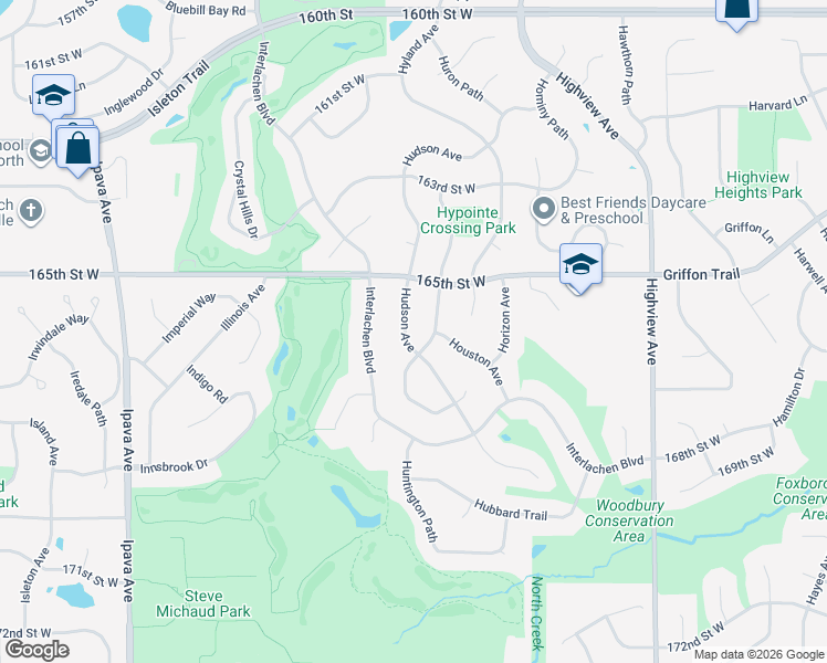 map of restaurants, bars, coffee shops, grocery stores, and more near 16612 Hudson Avenue in Lakeville