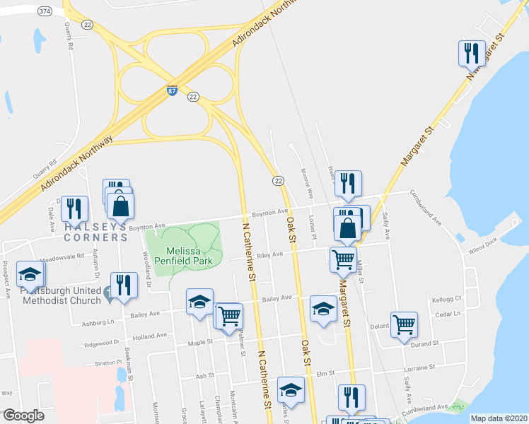 map of restaurants, bars, coffee shops, grocery stores, and more near Boynton Avenue & Lynde Street in Plattsburgh