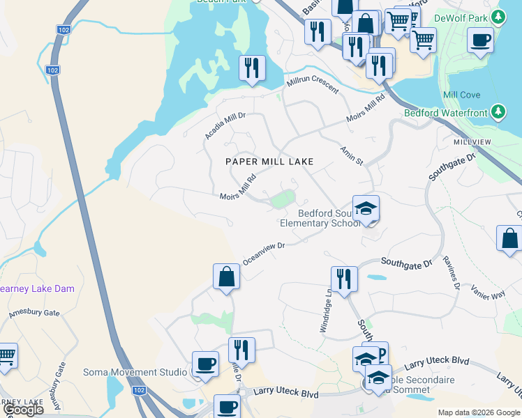 map of restaurants, bars, coffee shops, grocery stores, and more near 3 Skysail Court in Bedford