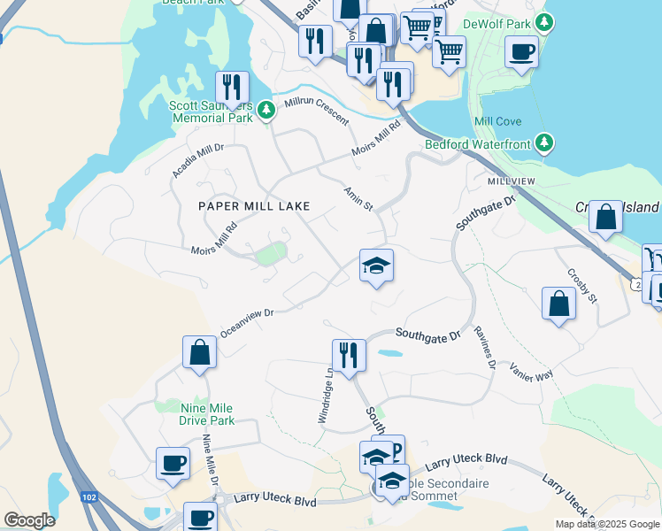 map of restaurants, bars, coffee shops, grocery stores, and more near 91 Royal Masts Way in Bedford