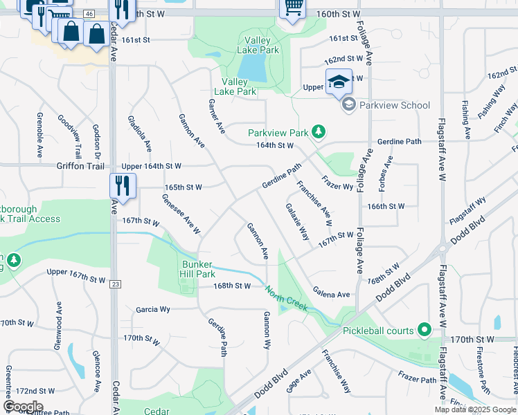 map of restaurants, bars, coffee shops, grocery stores, and more near 16593 Galena Avenue West in Rosemount