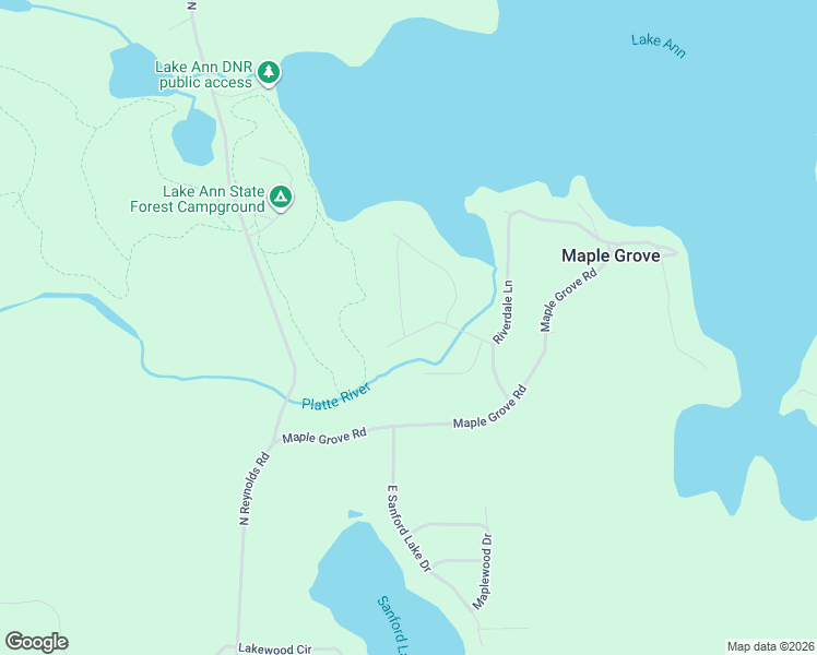 map of restaurants, bars, coffee shops, grocery stores, and more near 19036-19040 Birch View Trail in Lake Ann