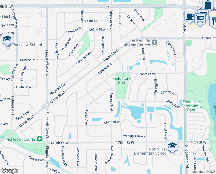 map of restaurants, bars, coffee shops, grocery stores, and more near 16564 Farrago Trail in Farmington