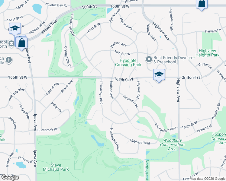 map of restaurants, bars, coffee shops, grocery stores, and more near 16612 Hudson Avenue in Lakeville