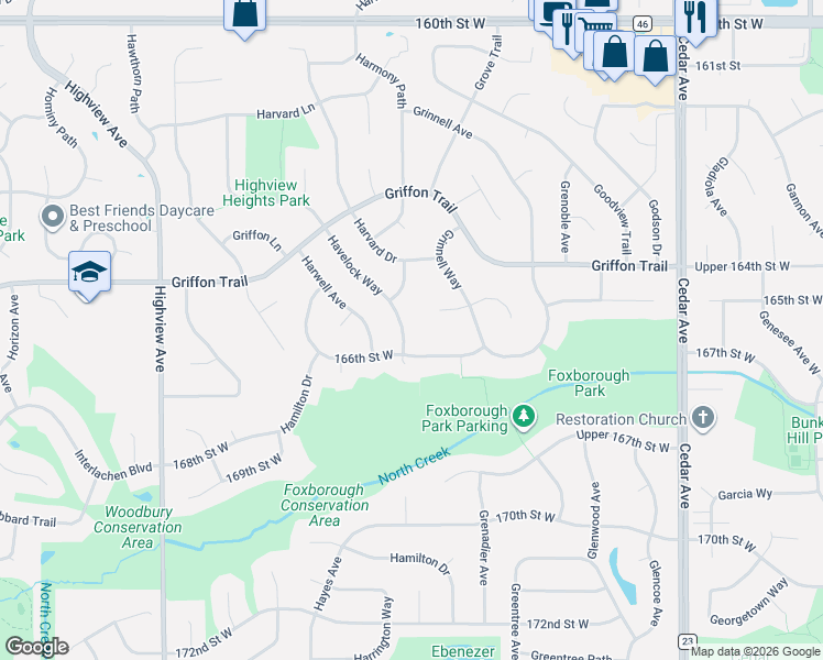 map of restaurants, bars, coffee shops, grocery stores, and more near 16582 Havelock Way in Lakeville