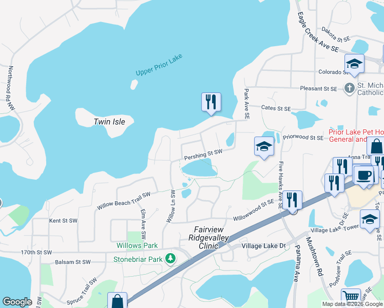 map of restaurants, bars, coffee shops, grocery stores, and more near 3880 Pershing Street Southwest in Prior Lake