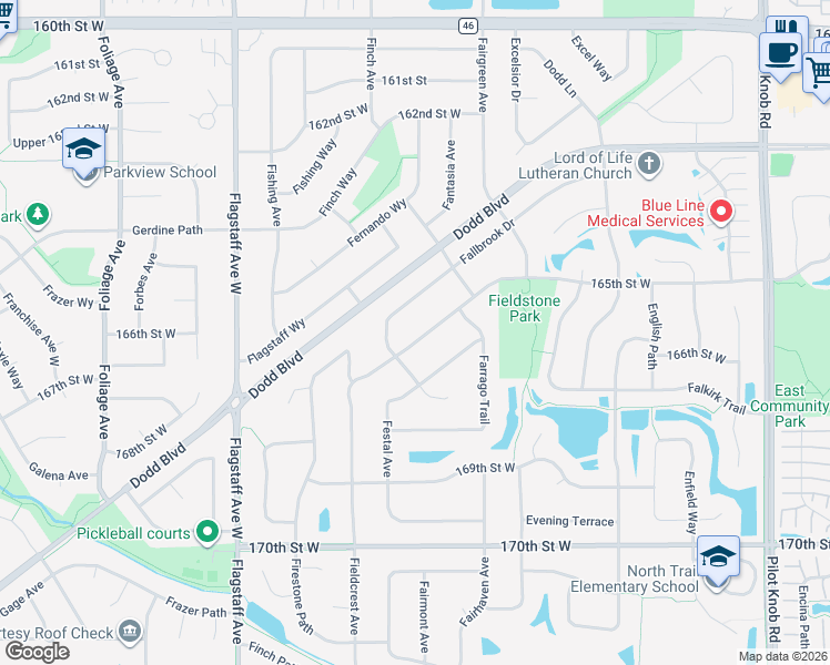 map of restaurants, bars, coffee shops, grocery stores, and more near 16587 Fieldcrest Avenue in Farmington