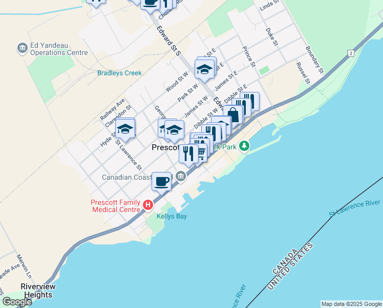 map of restaurants, bars, coffee shops, grocery stores, and more near 283 George Street in Prescott