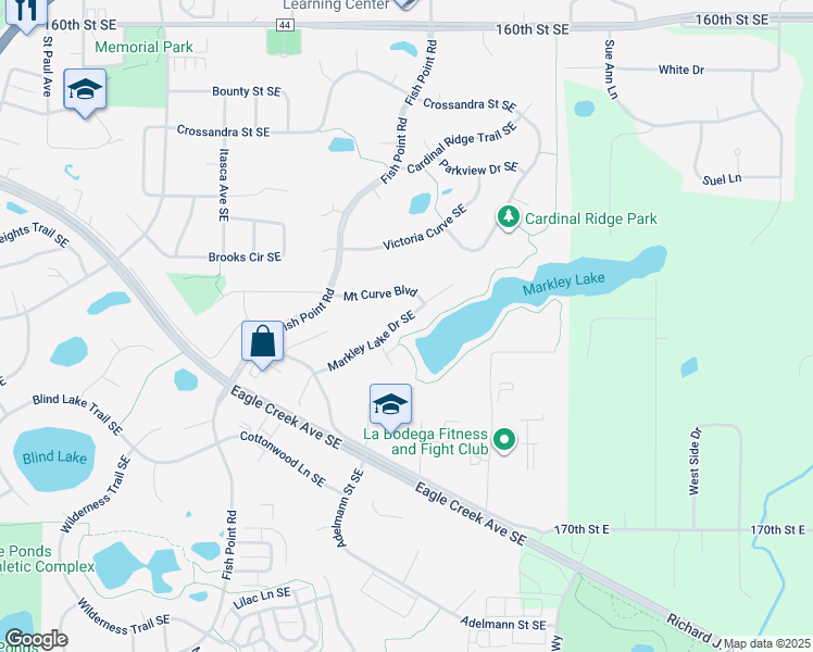map of restaurants, bars, coffee shops, grocery stores, and more near 16609 Markley Lake Drive Southeast in Prior Lake