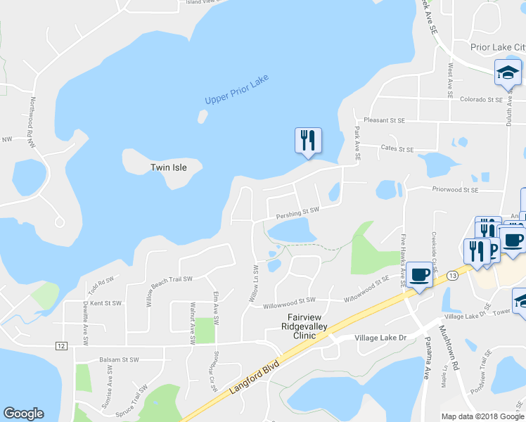 map of restaurants, bars, coffee shops, grocery stores, and more near 16596 Ramsey Avenue Southwest in Prior Lake