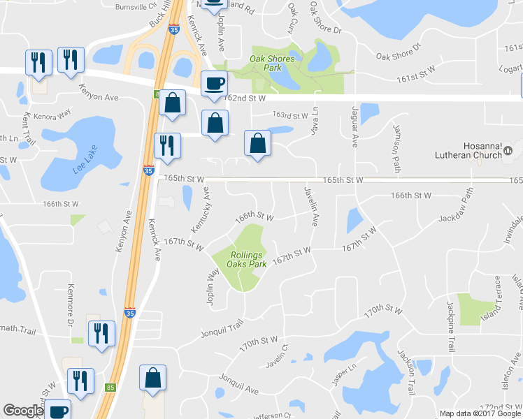 map of restaurants, bars, coffee shops, grocery stores, and more near 10475 166th Street West in Lakeville