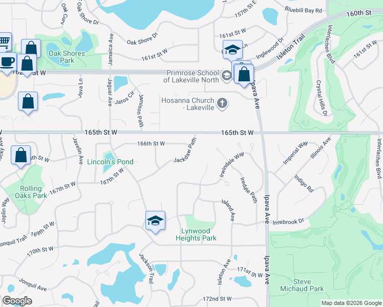 map of restaurants, bars, coffee shops, grocery stores, and more near 16560 Jackdaw Path in Lakeville