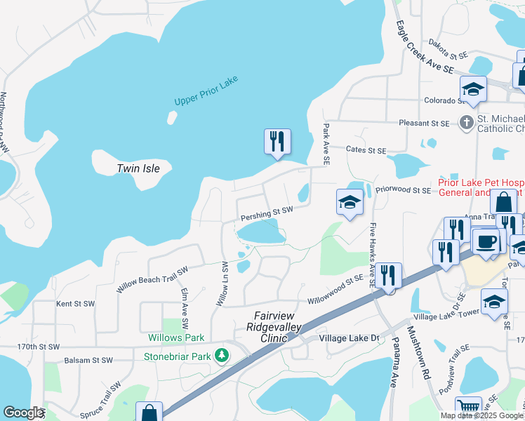 map of restaurants, bars, coffee shops, grocery stores, and more near 3880 Pershing Street Southwest in Prior Lake