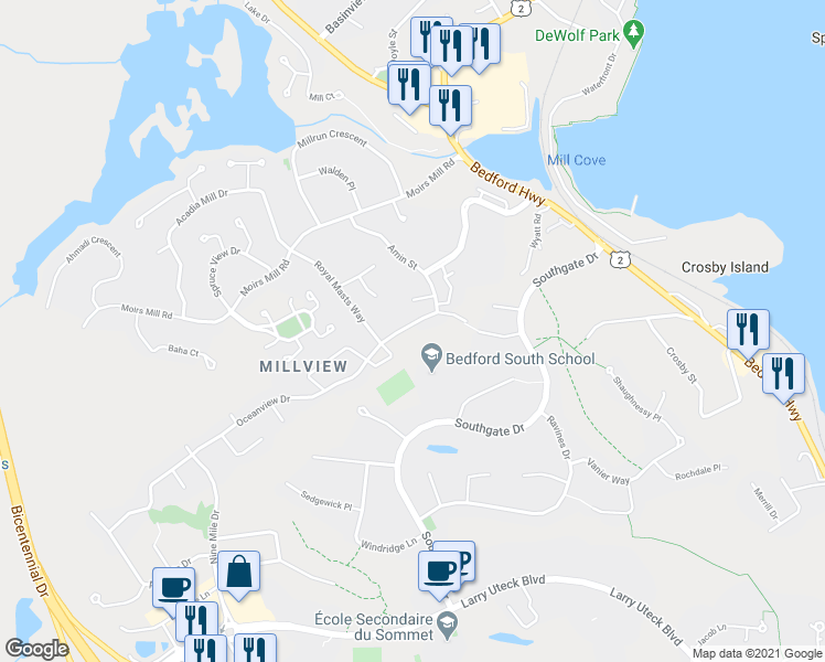 map of restaurants, bars, coffee shops, grocery stores, and more near 40 Oceanview Drive in Bedford