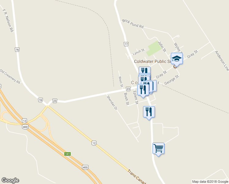 map of restaurants, bars, coffee shops, grocery stores, and more near 13 Sturgeon Bay Road in Coldwater