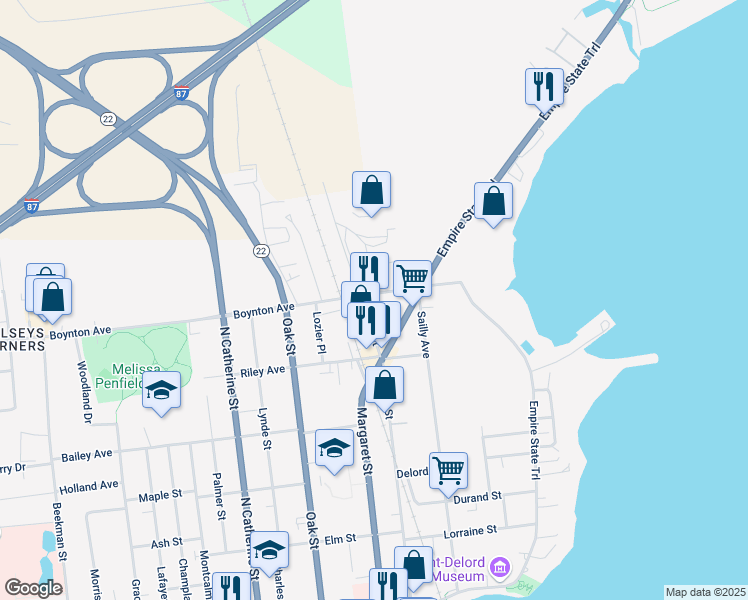 map of restaurants, bars, coffee shops, grocery stores, and more near 41 Boynton Avenue in Plattsburgh