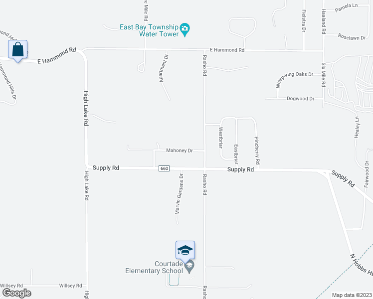 map of restaurants, bars, coffee shops, grocery stores, and more near 3436 Mahoney Drive in Traverse City