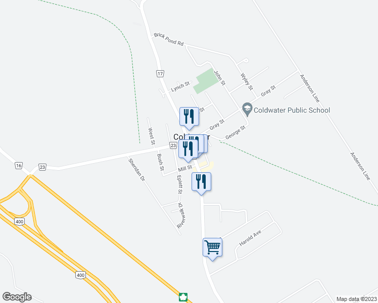 map of restaurants, bars, coffee shops, grocery stores, and more near 14 Coldwater Road in Coldwater