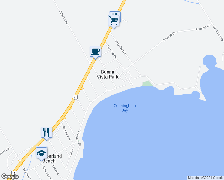 map of restaurants, bars, coffee shops, grocery stores, and more near 2999 Lakeside Drive in Orillia