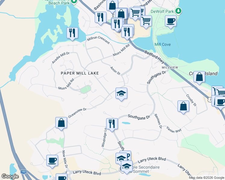 map of restaurants, bars, coffee shops, grocery stores, and more near 40 Oceanview Drive in Bedford