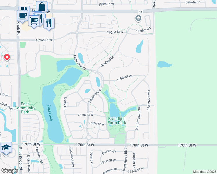 map of restaurants, bars, coffee shops, grocery stores, and more near 16529 Duluth Trail in Lakeville