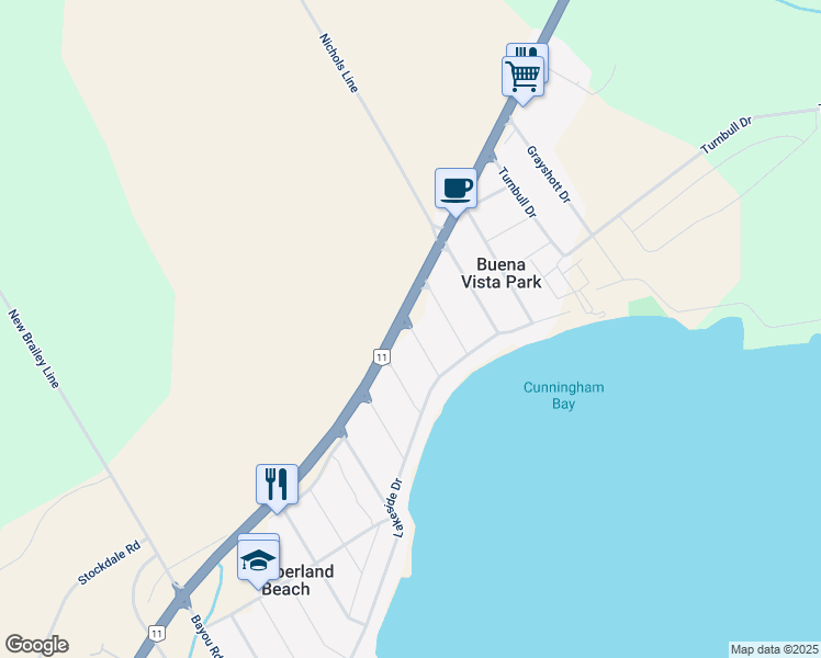 map of restaurants, bars, coffee shops, grocery stores, and more near 3318 Cleveland Avenue in Orillia