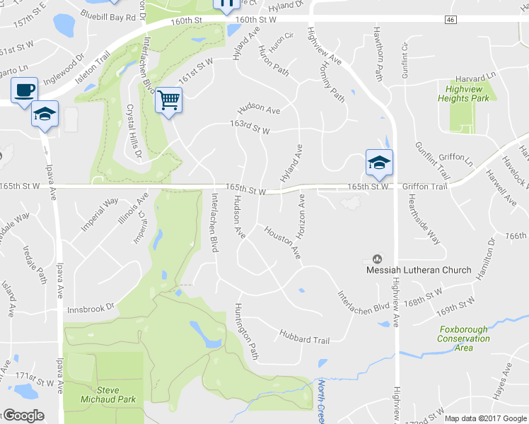 map of restaurants, bars, coffee shops, grocery stores, and more near 16578 Hutchinson Drive in Lakeville