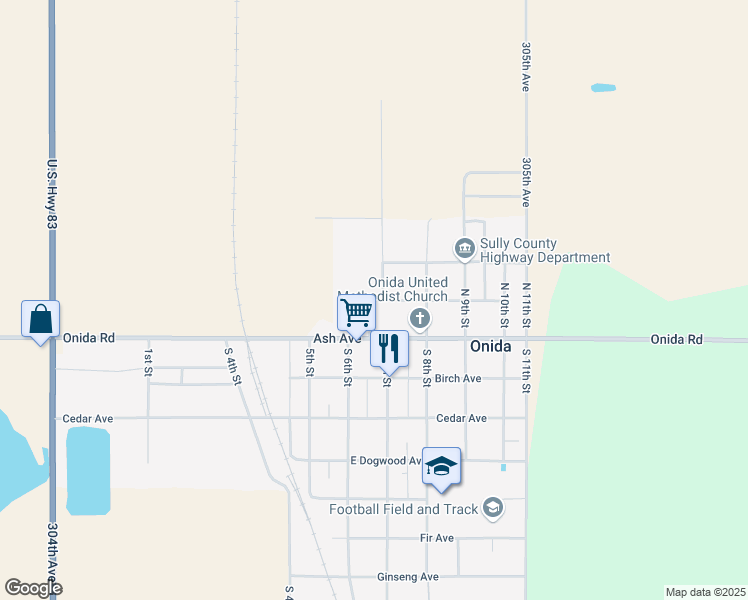 map of restaurants, bars, coffee shops, grocery stores, and more near Main Street in Onida