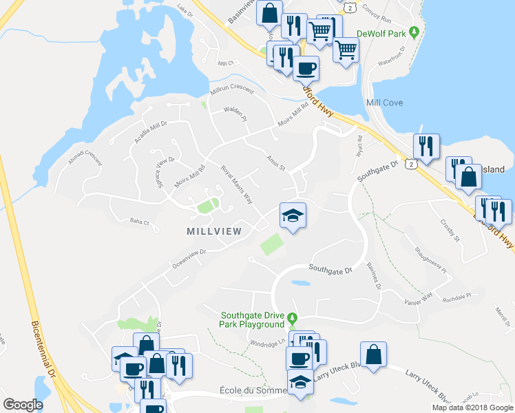 map of restaurants, bars, coffee shops, grocery stores, and more near 86 Royal Masts Way in Bedford