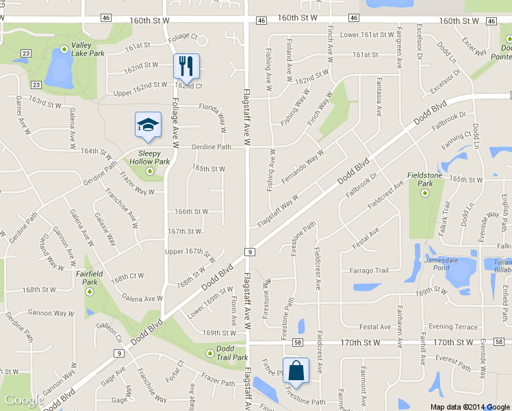 map of restaurants, bars, coffee shops, grocery stores, and more near 16576 Flagstaff Avenue West in Rosemount
