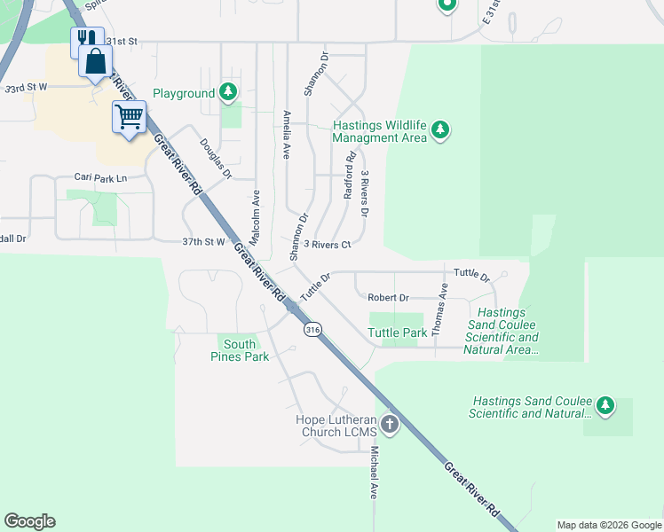 map of restaurants, bars, coffee shops, grocery stores, and more near 243 Tuttle Drive in Hastings