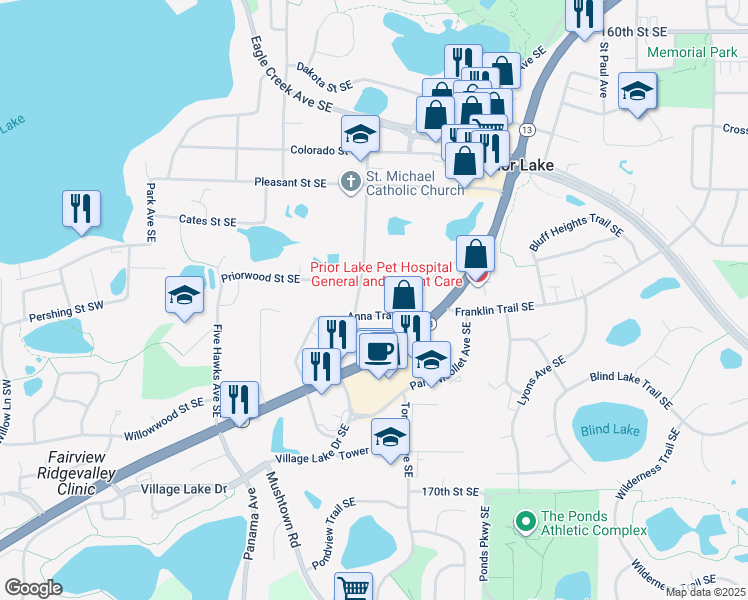 map of restaurants, bars, coffee shops, grocery stores, and more near 16550 Anna Trail Southeast in Prior Lake