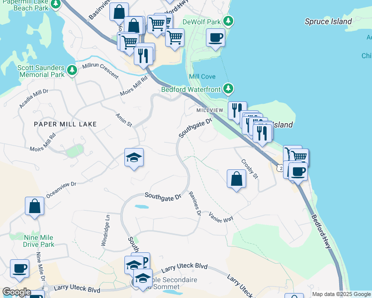 map of restaurants, bars, coffee shops, grocery stores, and more near 120 Southgate Drive in Bedford