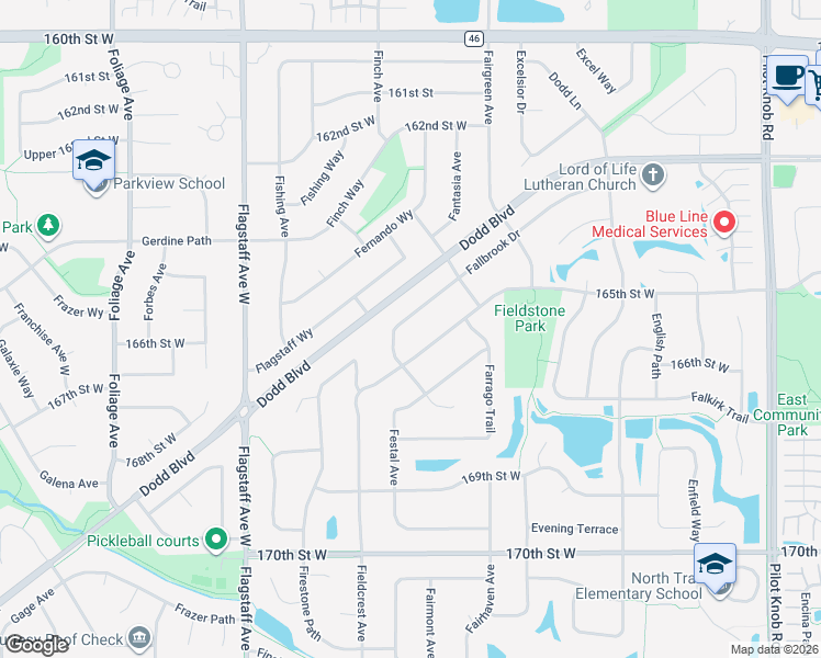 map of restaurants, bars, coffee shops, grocery stores, and more near 16587 Fieldcrest Avenue in Farmington